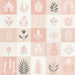 A collection of pink and white flowers and leaves. The flowers are arranged in a grid pattern, with each square containing a different type of flower. Scene is one of serenity and beauty