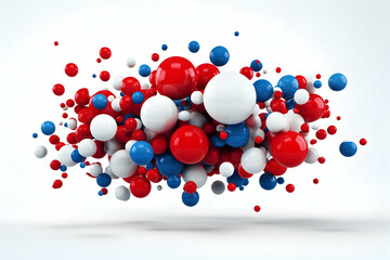 Red, white, blue spheres explode; abstract 3D render; design background; website banner.