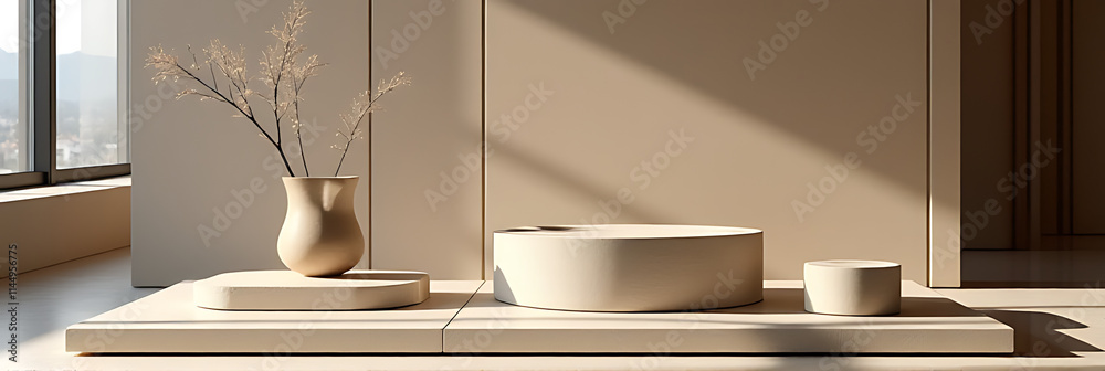 Poster The top sand stone product display platform features a minimalist design that emphasizes selective focus on key products._00001_