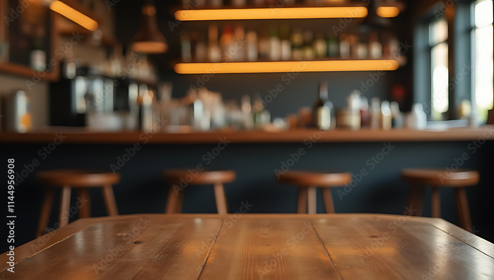 Poster the top of a wooden table is cluttered with items including a blurred counter, bar stools, and vario