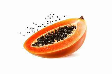 Ripe papaya half with seeds, floating, white background, food photography, recipe websites.