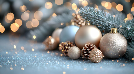 Fototapeta premium Minimalist New Year Decorations Close-Up Elegant Neutral Colors Simple Sophisticated Tabletop Concept