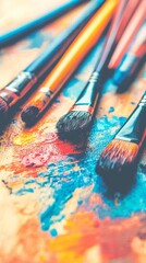 Obraz premium A collection of paintbrushes resting on a colorful, paint-splattered surface.