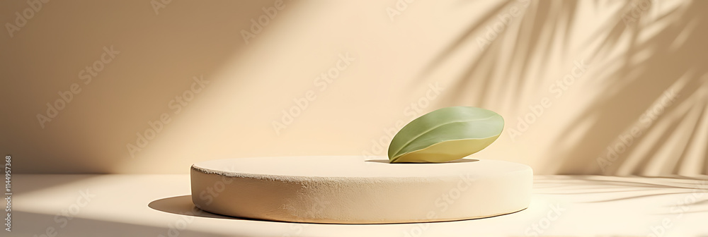 Poster The sandstone top product display platform features a tropical design with a subtle shadow effect and a single pastel colored leaf._00002_