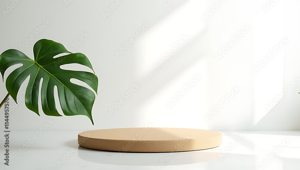 Poster the sandstone top of a product display platform features a tropical leaf against a white wall in a s