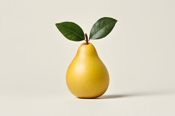 Ripe Yellow Pear with Leaves on Neutral Background; Minimalist Food Photography for Website or Cookbook.