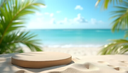 Fototapeta premium The sandstone top product display platform features a minimalist tropical design under a bright blue sky with selective focus._00001_