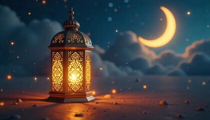 Ramadan Kareem With Crescent Moon And Lantern Background