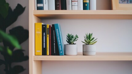 Cozy Shelf Arrangement with Books and Green Plants for Home Decor