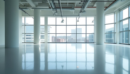The large open space of the office building is remarkably clean with a smooth and shiny newly polished floor._00003_