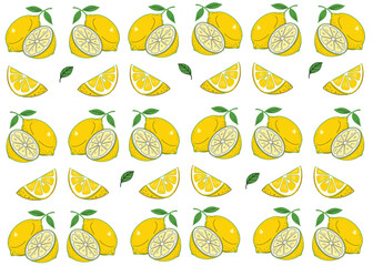Tropical seamless pattern with yellow lemons and green leaf. Fruit repeated background
