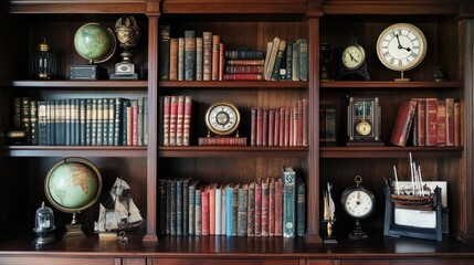 Vintage Bookshelf with Antique Decor and Globes in a Library Setting