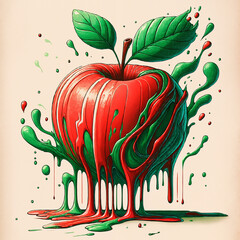 A painting of a red apple with green leaves and green paint dripping from it. The painting has a playful and whimsical mood, as if the apple is dripping with paint like a child's finger painting