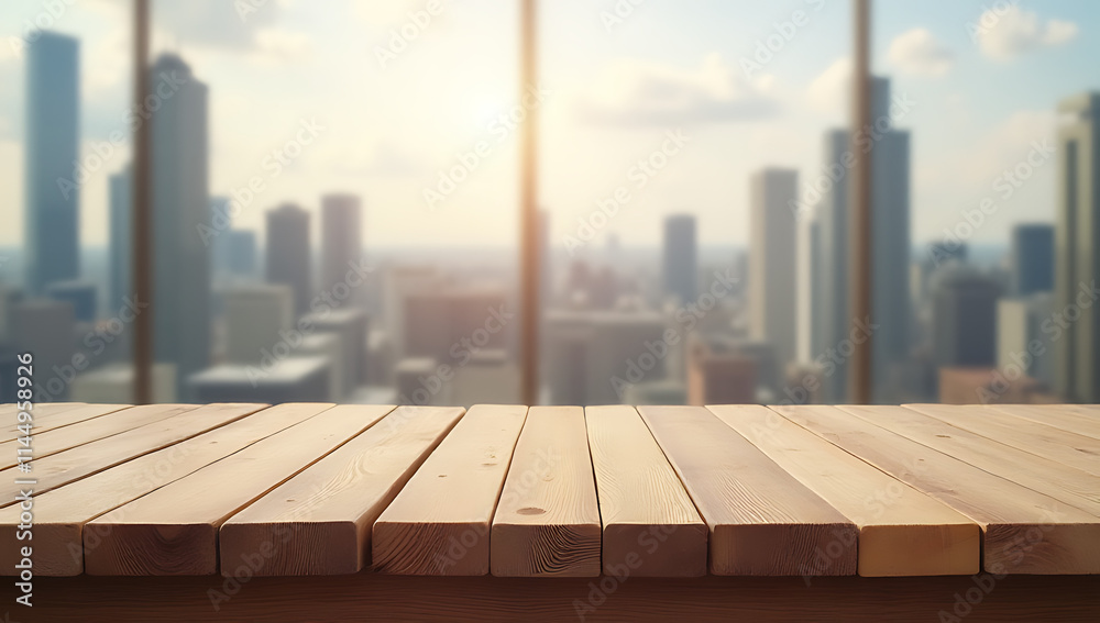 Poster the empty wood table features a blurred cityscape in the background, suitable for product displays o