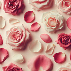 A close up of pink and white roses with pink petals and white stems. The roses are scattered throughout the image, with some overlapping and others standing alone. Scene is one of beauty and elegance