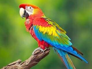 Obraz premium A colorful parrot perched on a branch in a lush green environment.