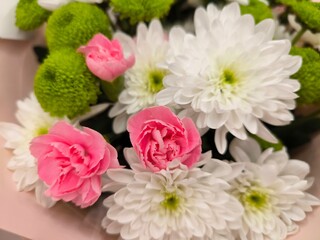 bouquet of pink roses. Chrysanthemum flowers composition