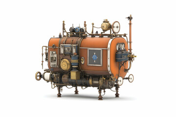 Steampunk Vehicle, Orange, Sci-Fi, Isolated, White Background, 3D Render, Industrial Design.