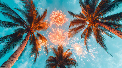 New Year Eve Resort Illustration Palm Trees Fireworks Isolated White Background Travel Infographics