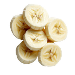 Banana slices isolated on white background fresh fruit healthy eating vitamins potassium tropical fruit snack breakfast ingredient dessert topping smoothie ingredient yellow ripe sliced banana pieces