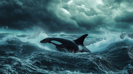 Orca swimming in stormy ocean under dark clouds