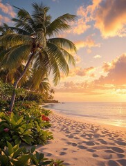 Sunset on a tropical beach with palm trees and a serene lake, water, palm trees, beach, lake, scenery