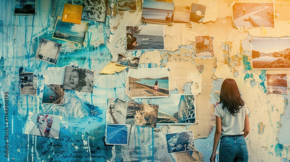 Poster Exploring a creative collage with personal memories captured on a wall during the daytime. Generative AI