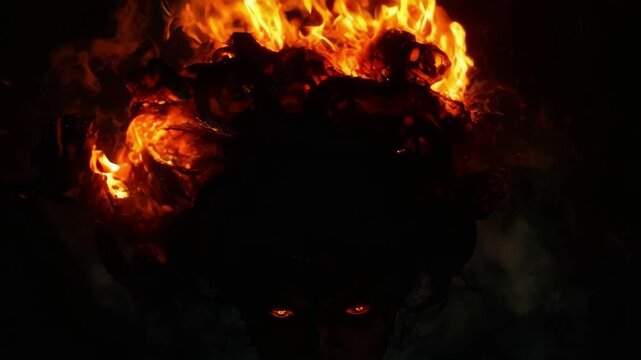 Medusa, the Gorgon, with snakes of fire for hair. Her intense gaze and fiery aura evoke fear and power. Ideal for mythology, fantasy, and horror projects.. AI Generation