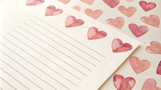 Beautiful note paper with watercolor hearts for love letters and Valentine's Day cards with copy space