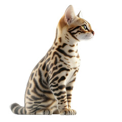 Bengal cat sitting and looking away isolated on white background adorable pet feline friend domestic animal beautiful kitten with spotted fur wildcat breed wildlife nature zoology mammal cute kitty