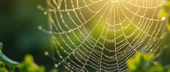 Dewy Spider Web Glimmers in Sunlight Above Lush Green Garden Foliage