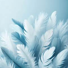 A large group of white feathers, arranged in a way that creates a sense of movement and fluidity. The feathers are scattered throughout the frame, with some overlapping and others standing out