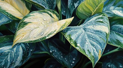 Obraz premium Close-Up of Green Leaves with Water Drops in Natural Setting