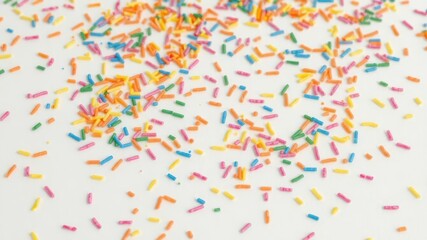 Vibrant rainbow sprinkles scattered on white, sprinkles texture, decoration