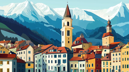 Obraz premium Illustration, Cityscape of Brixen, Bressanone in Italy, Italian alps. Touristic advertisement poster. Promotional touristic poster. Beautiful city in Italy. Must-see tourist travel destination. Mediev
