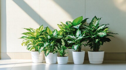 Fototapeta premium Lush Green Indoor Plants in White Pots Illuminated by Soft Light