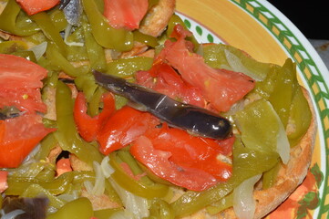 Friselle, bruschette con peperoni, melanzane e cipolla grigliate