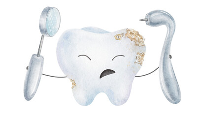 Dental tools probe and mirror, carious tooth Sad Kawaii Character. Caries treatment, tooth decay, dentist examining. Isolated hand drawn watercolor kids illustration for pediatric dentistry clinic