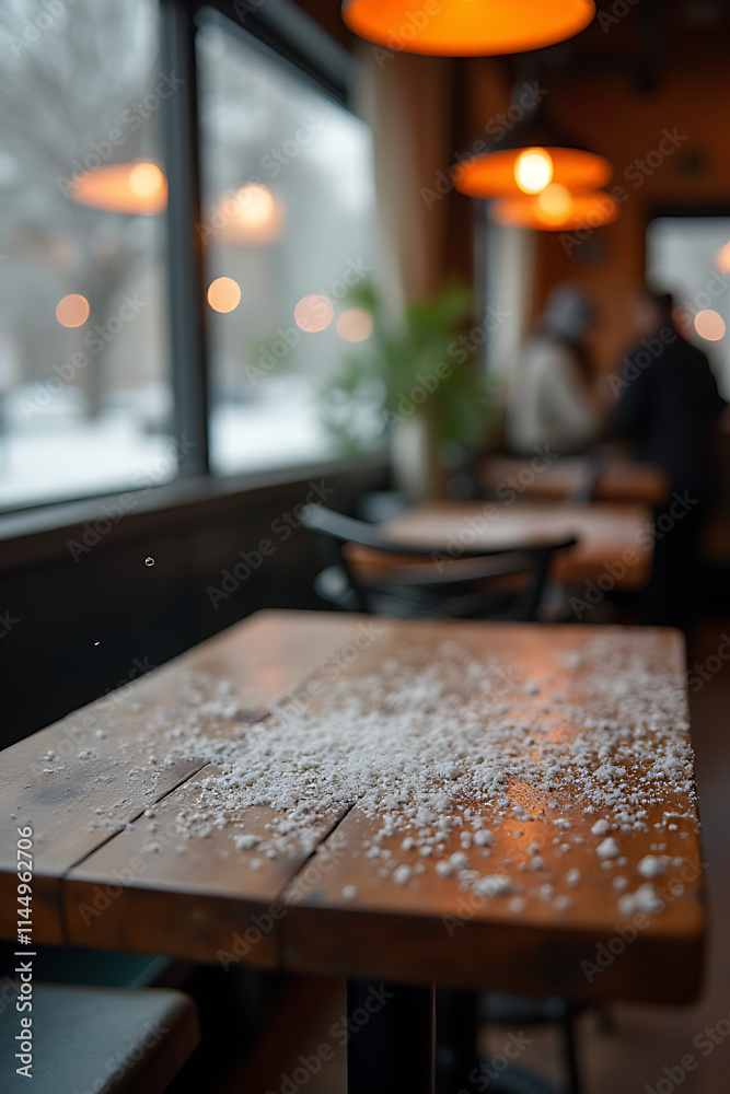 Poster snowflakes gently fall onto an empty wooden table in a cozy winter cafe setting, adding to its rusti
