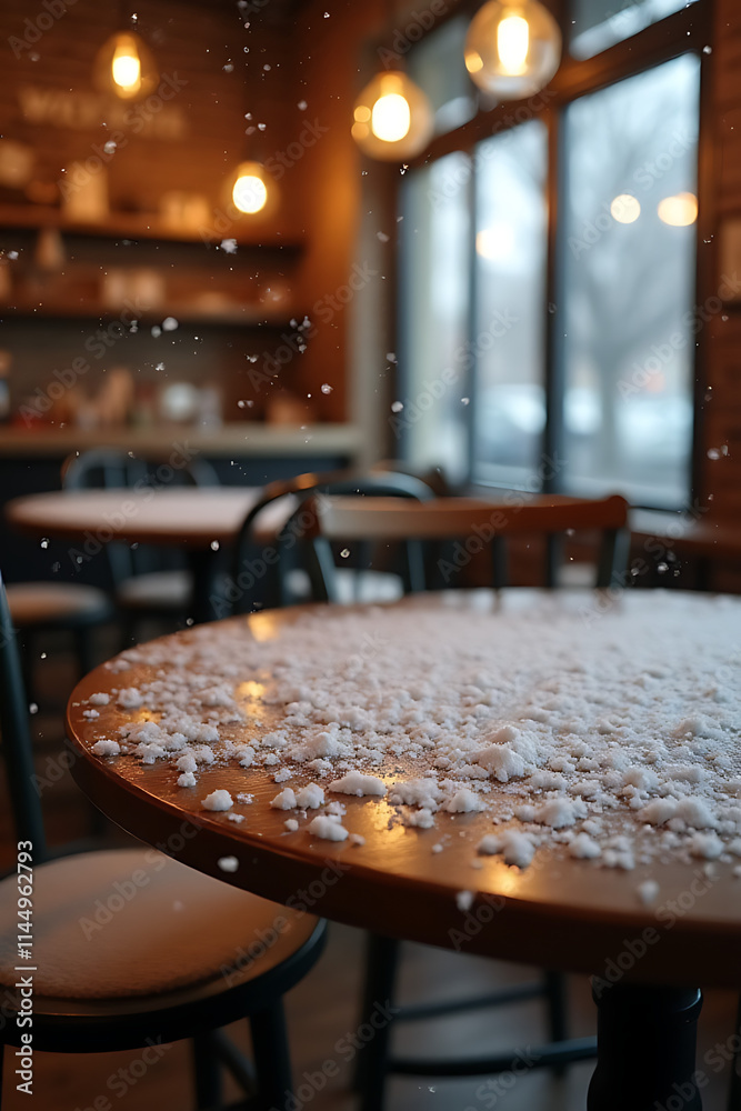 Poster snowflakes gently fall onto an empty wooden table in a cozy winter cafe setting, adding to its rusti