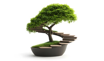 Tree with a wooden stairway in a pot.