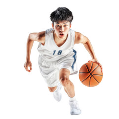 Young Asian basketball player dribbling ball with speed and agility isolated on white background sports athlete competition game training skills fitness healthy lifestyle active dynamic movement