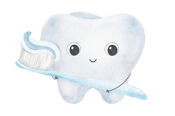 Tooth holding blue toothbrush smeared with paste. Funny kawaii character reminds about oral hygiene. Isolated watercolor baby illustration for kids goods, pediatric dentistry, dental health care,