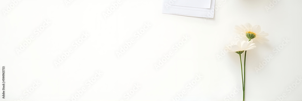 Poster Simple home office setup features a desk with a notepad and a single flower on a clean white background._00002_