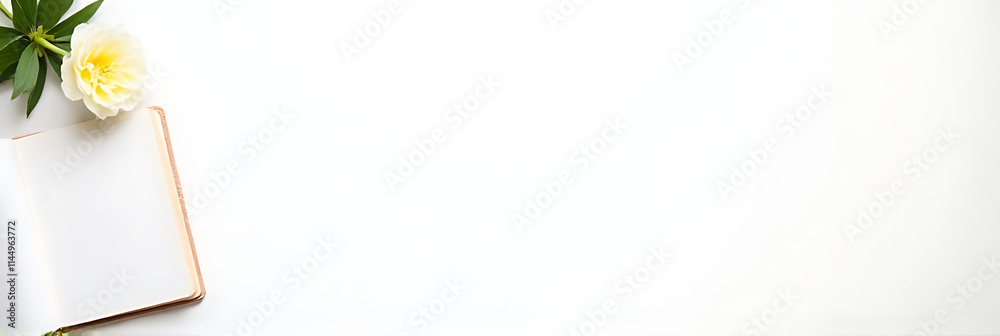 Aufkleber Simple home office setup features a desk with a notepad and a single flower on a clean white background._00001_