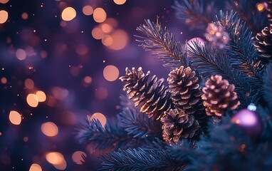 A purple and copper background with glitter, Christmas decorations of pine branches, balls, and cones on the right side of the picture