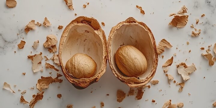 Open walnut halves with shells and scattered crumbs on marble surface, emphasizing natural textures, earthy tones, and wholesome snacking appeal.