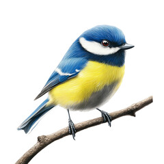 Obraz premium Blue Tit Perched on a Branch Wildlife Birdwatching Ornithology Nature Photography Colorful Plumage Yellow Breast Azure Wings Small Bird Garden Visitor European Fauna Avian Beauty Isolated on White