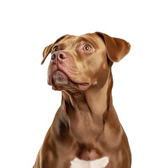 Lovable brown and white Pit Bull Terrier dog looking up with curiosity isolated on white background studio shot adorable pet canine animal companion purebred breed portrait playful friendly domestic
