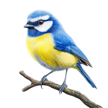Blue Tit bird perched on a branch isolated on white background wildlife colorful bird Ornithology titmouse birdwatching nature avian fauna animal themes yellow blue feathers plumage bright colors